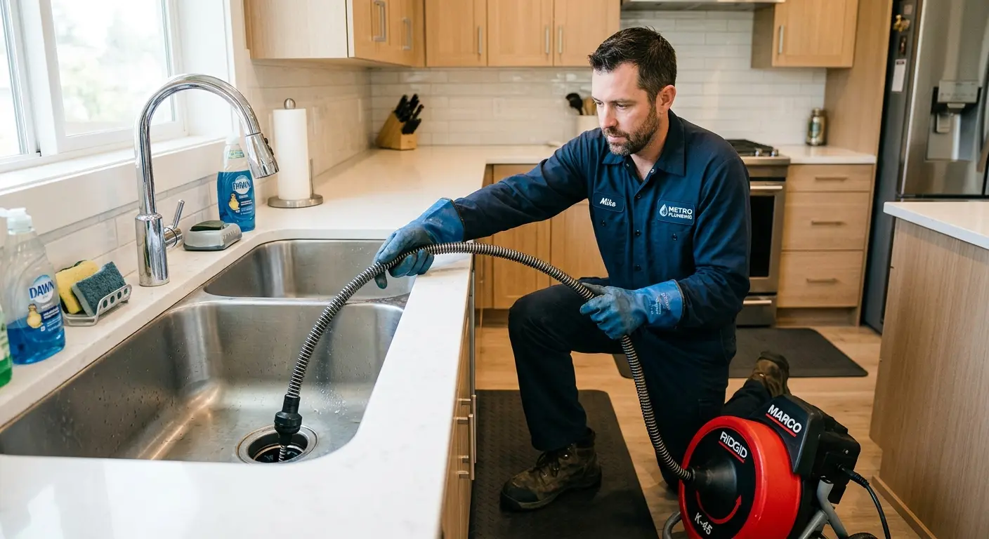Drain cleaning technician using a motorized snake on a kitchen sink in Rainsville