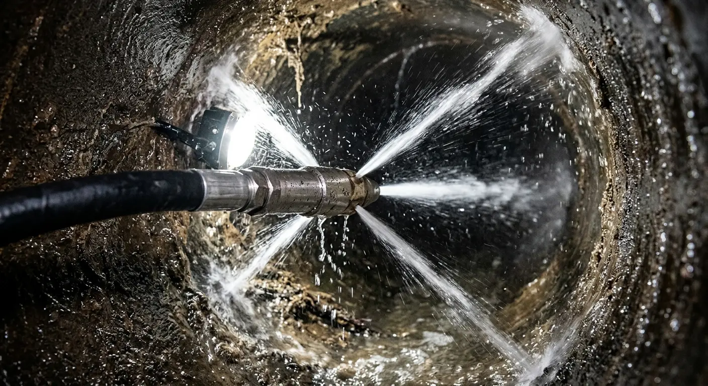 High-pressure hydro jetting nozzle cleaning sewer pipe for Trenchless Sewer Repair in Rainsville