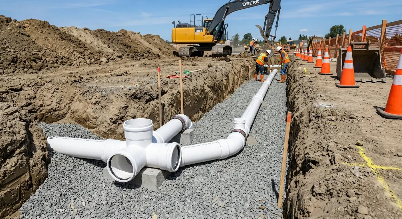 New PVC sewer pipe installation in open trench for Sewer Backup in Rainsville