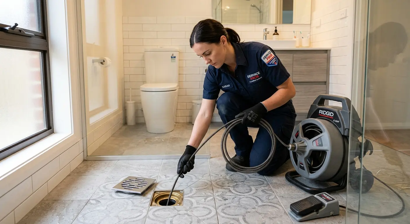 Technician clearing a bathroom floor drain for Drain Cleaning in Rainsville